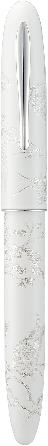 HONG DIAN N23 White Rabbit Fountain Pen, Long Blade Medium Nib Silver Trim, New Year Lucky Rabbit Carving Design, Smooth Writing Pen with Converter and Metal Pen Box Set