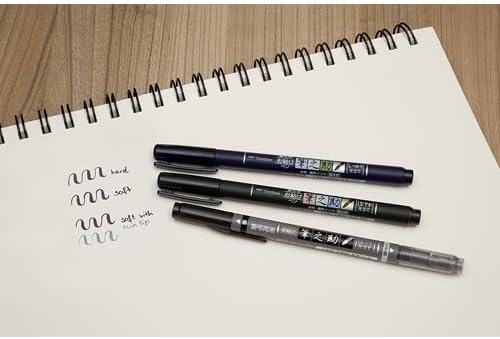 Fudenosuke Brush Pen Black x6-pen pack, with Takes To Do List Notepad - Calligraphy Pens for Writing and Art Drawings (6x Hard Tip)