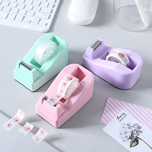 XEUZK Desktop Tape Dispenser Kits with Weighted Nonskid Base Tape Dispenser- Includes 9 Rolls of Transparent Tape(0.71 Inch x 500 inches Each) & Pink Scissors, 2 Pcs Tweezers (Pink)
