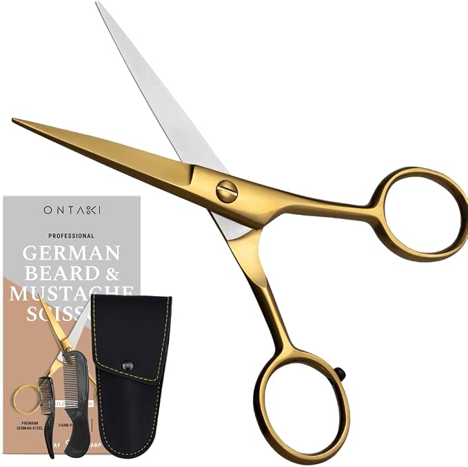 Ontaki 5" Beard & Mustache Scissor with Combs for Men - Gold Brass | 410C Durable German Steel, Ergonomic Travel Friendly Design for Facial Hair - Beard Grooming Kit & Case Perfect for Styling