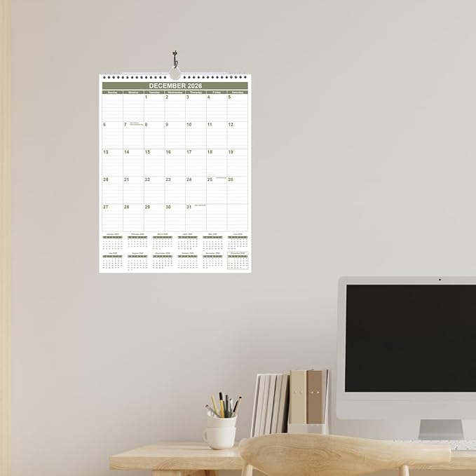 Calendar 2026-2027 - 18 Months Wall Calendar from July 2026 - June 2027, 2026-2027 Wall Hanging Calendar Planner with Thick Paper, 12" x 14.5", Green