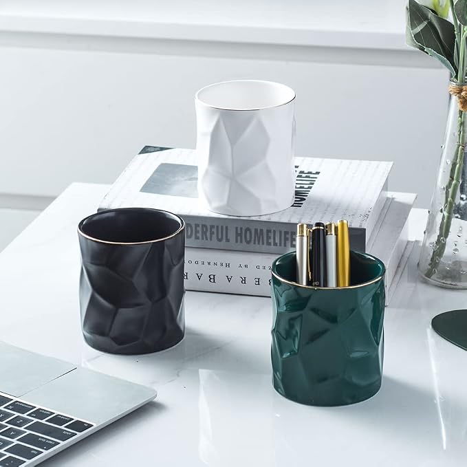 Ceramic Irregular Round Pen Holder For Desk Cute Stand Gold Line Aesthetic Pencil Cup Pot Desk Organizer for Men Women Makeup Brush Holder (Black)