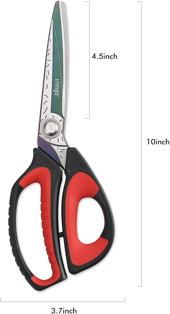 LIVINGO 10" Heavy Duty Multipurpose Shears for Shop & Garden (Red/Black) | Forged stainless steel with titanium coating. Cuts fabric, cardboard, pruning branches, household materials. Rust-resistant.
