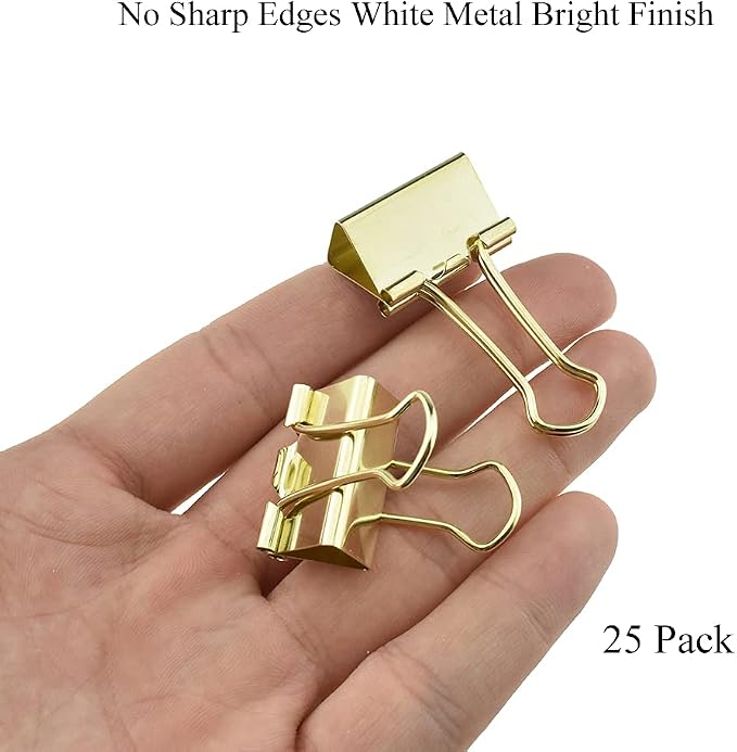 HAHIYO Binder Clips Paper Clamps Spring Steel Sturdy 0.98 inches Width 0.31 Inch Capacity No Sharp Edges Heavy Duty Tight Grip Reusable Gold Metal Bright Finish for Home Office School 25 Pack