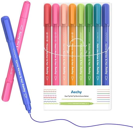 AECHY 8Pcs Dual Tip Pattern Marker Pens, 8 Colors, 6 Curve Shapes Designs | Colored highlighter pens with pattern roller and writing tip for Bullet Journal, Note Taking, Scrapbook, School Supplies