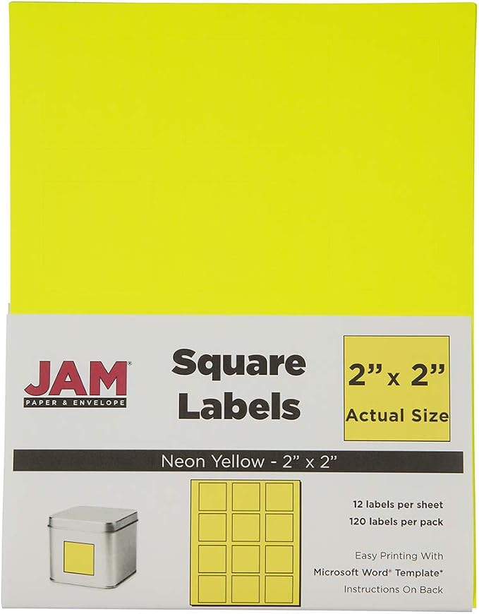 JAM PAPER Product & Container Labels - Square - 2 x 2 - Neon Yellow - 120/Pack