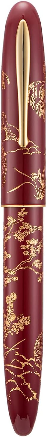 HONG DIAN N23 Red Rabbit Fountain Pen, Long Blade Medium Nib Gold Trim, New Year Lucky Rabbit Carving Design, Smooth Writing Pen with Converter and Metal Pen Box Set
