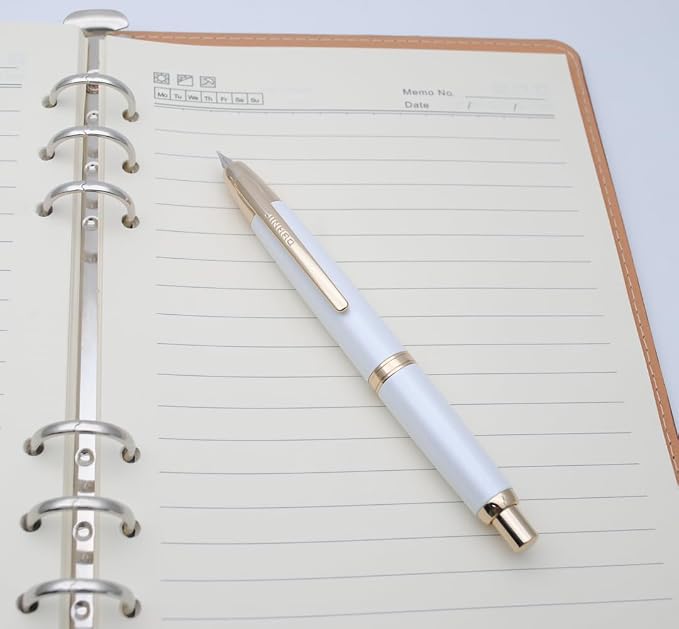 JINHAO 10 Press Fountain Pen, Retractable Metal Pen with Ink Converter (F Nib 0.5mm, Pearl White – Golden Clip)