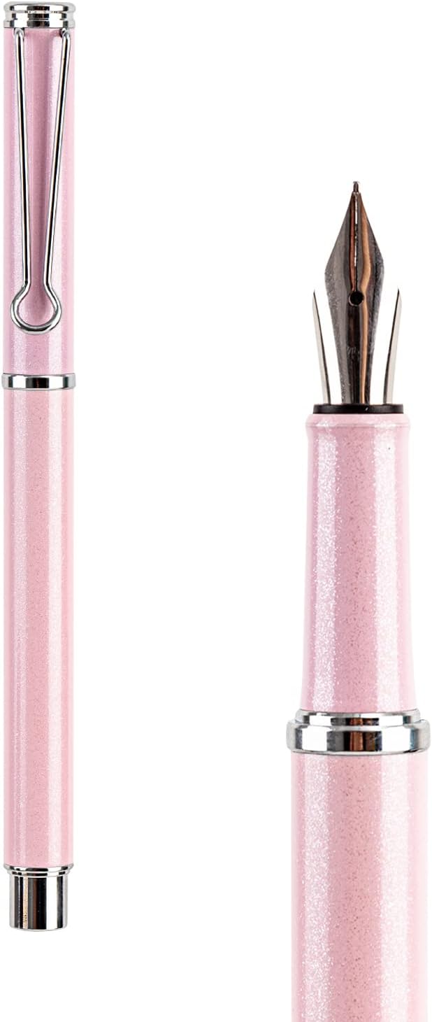 AIHAO Refillable Fountain Pen, Fine Point, Metal Fountain Pen with Gift Box, Black Ink, 2 Ink Cartridges in one Set, Pearl Pink