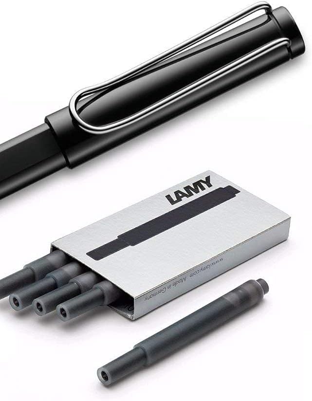 LAMY Safari Fountain Pen (19M) Black & 5 Black Ink Cartridges (LT10BK, L19BKM)