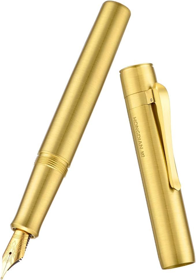 HONG DIAN M2 Black Forest Mini Fountain Pen, Fine Soft Golden Nib & Sleek Shape Brass Short Pocket Travel Pen (Glossy Brass)