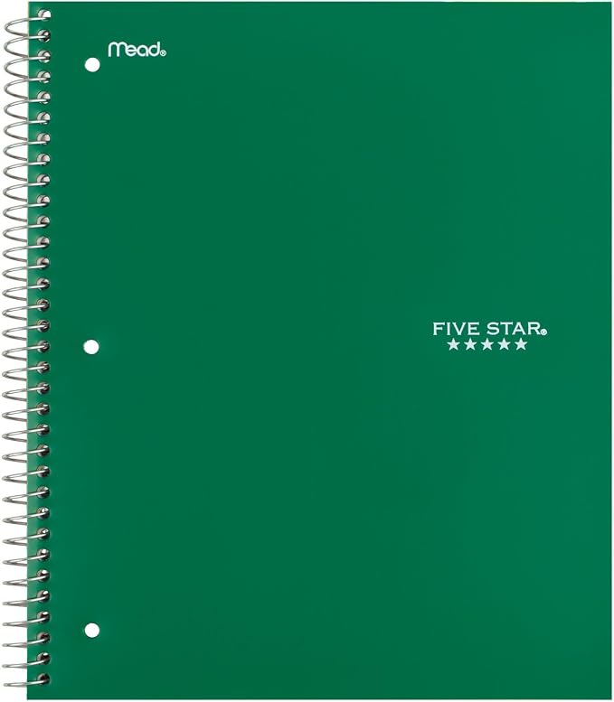 Five Star Spiral Notebook + Study App, 3 Subject, Wide Ruled Paper, 8" x 10-1/2", 150 Sheets, Fights Ink Bleed, Water Resistant Cover, Forest Green (73176) (Pack of 6)