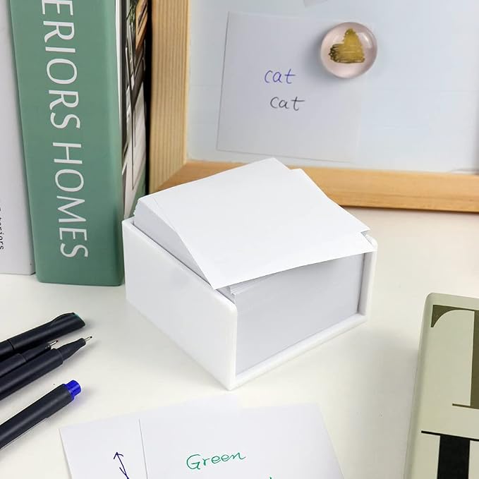 White Memo Holder with Blank Notes Cube Simple PS Notepad Organizer Dispenser 500 Sheets Non-sticky Memo Pads Set for Home Office School Supplies