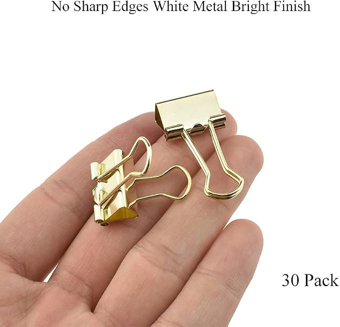 HAHIYO Binder Clips Paper Clamps Spring Steel Sturdy Small 0.75 inches Width 0.2 Inch Capacity No Sharp Edges Heavy Duty Tight Grip Reusable Gold Metal Bright Finish for Home Office School 30 Pack