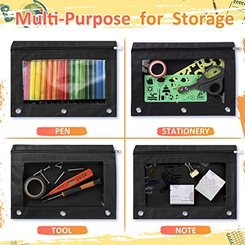 Marspark 48 PCS Pouch Bag for 3 Ring Binder - Bulk Zipper Pencil Binder Pouches with Clear Window for Utensils Storage Supplies(Black)