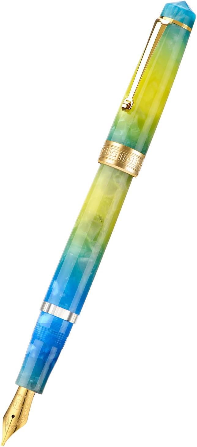 Asvine P20 Piston Fountain Pen, Stub Nib 1.1mm Calligraphy Art Drawing Gradual Yellow Acrylic with Case Set