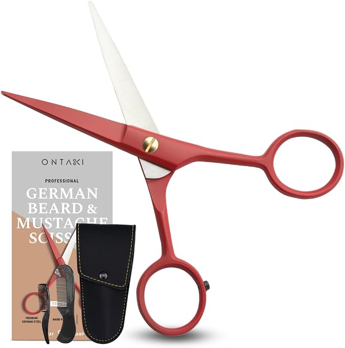 Ontaki 5" Beard & Mustache Scissor with Combs for Men - True Red | 410C Durable German Steel, Ergonomic Travel Friendly Design for Facial Hair - Beard Grooming Kit & Case Perfect for Styling