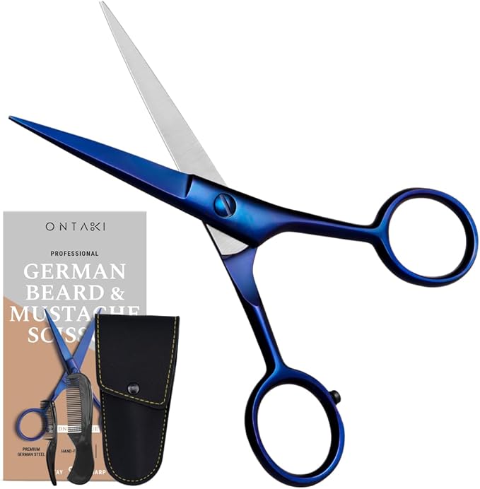Ontaki 5" Beard & Mustache Scissor with Combs for Men - Midnight Blue | 410C Durable German Steel, Ergonomic Travel Friendly Design for Facial Hair - Beard Grooming Kit & Case Perfect for Styling