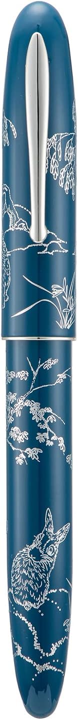 HONG DIAN N23 Blue Rabbit Fountain Pen, Iridium Extra Fine Nib Silver Trim, New Year Lucky Rabbit Carving Design, Smooth Writing Pen with Converter and Metal Pen Box Set