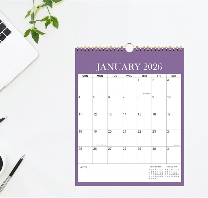 Wall Calendar 2026-2027 - Monthly Calendar 2026-2027 from July 2026 - December 2026, Spiral Binding Hanging Calendar 2026-27 for Home/Office, 12" x 14.5", Purple