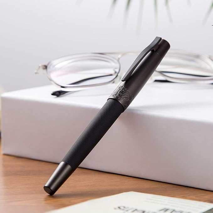 Pure Black Fountain Pen, PVD Coated Black Bent Nib Solid Metal Fude Pen, Metal Box Set by Hongdian