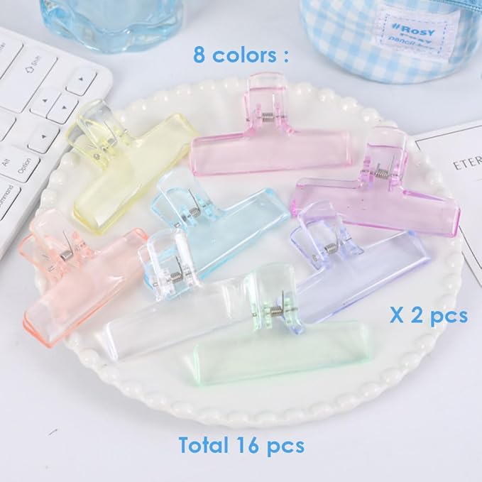 OWLFAVO 16 Pcs Clear Binder Clips, Plastic Bag Clip, Acrylic Paper Photo Food Clamps, Wide Mouth Seal Clamp, Transparent Air Tight Sealing Binders for School, Office and Kitchen Storage, 8 Colors