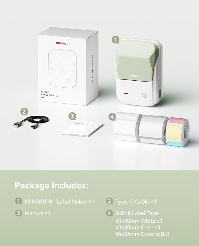 NIIMBOT B1 Label Maker Machine with 3 Tapes, 50x30mm White/34×34mm ColorfulB/50x80mm Clear, Bluetooth Thermal Label Printer for Small Business,Office,Home,School (Green, 1 Printer+3 Roll Label)