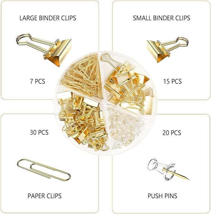 10 Pack, Gold Paper Clips and Binder Clips Set, Metal Assorted Sized Binders with Push Pins, Cute Gold Office Supplies for Desk, Desk Accessories