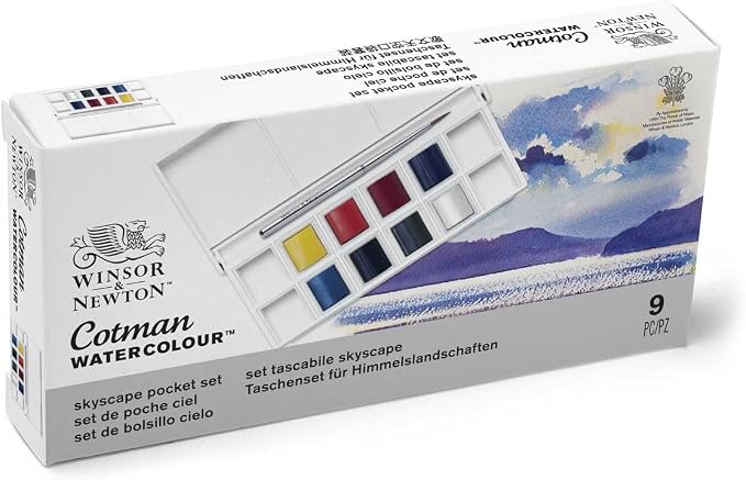 Winsor & Newton Cotman Watercolor Paint Set, 8 Half Pan, Sky Colors w/ Brush