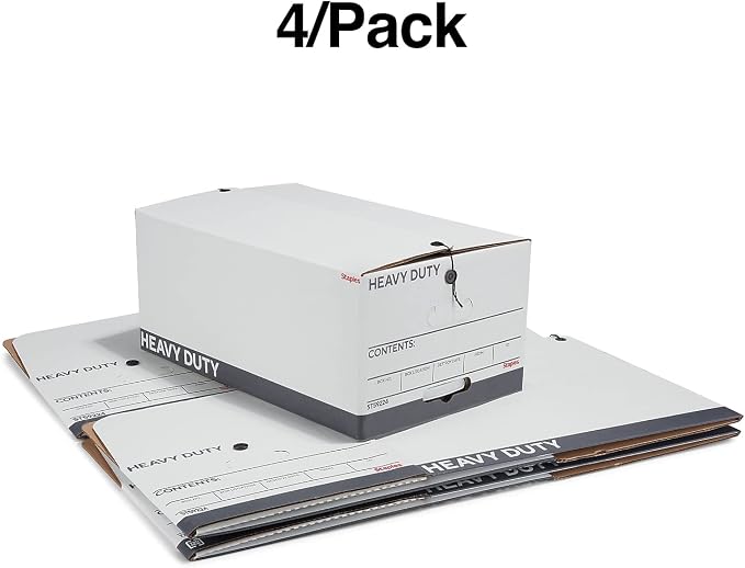 STAPLES Heavy Duty File Box, String and Button Lid, Legal, White/Gray, 4/Pack (TR59224)