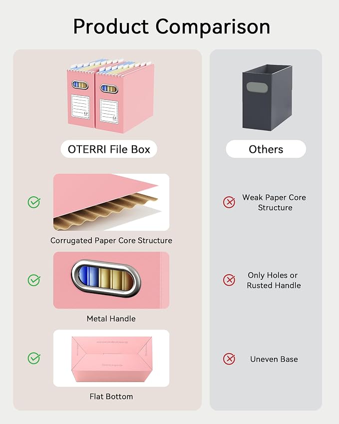Oterri File Organizer Box, Portable Collapsible Cardboard File Folder Organizer with Handle for Letter Size Hanging Files, Document Storage Box for Home Office & Classroom (8 Packs, Multi color)