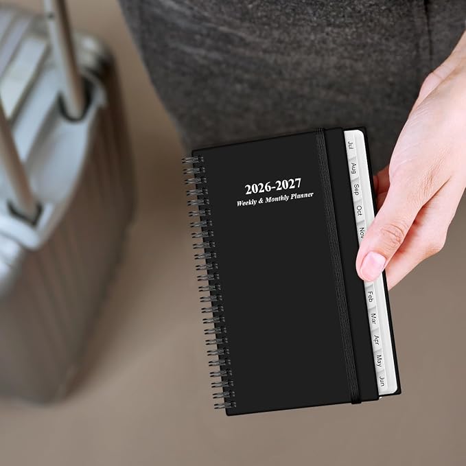 2026-2027 Pocket Planner/Calendar - 2026-2027 Planner from July 2026 - June 2027, Planner 26-27 with 12 Tabs, Twin-Wire Binding, Inner Pocket, 3.75" x 6.75, Black