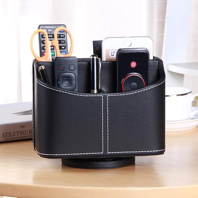 Remote Control Holder,360°Rotatable Office Desk Stationery Supply Organizer | PU Leather Desktop Storage Box for Media Controllers,Bedside Table Spinning TV Remote Caddy for iPad,Mobile,Pencil,Makeup