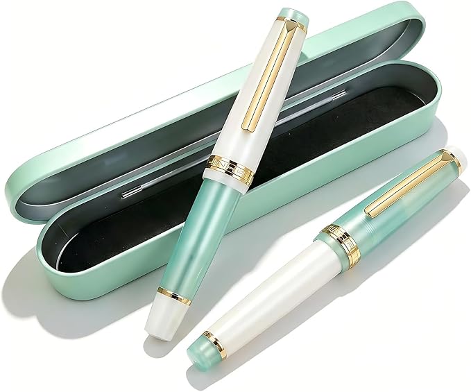 Jinhao 82 Acrylic Fountain Pen 2-Pack, Fine Nib, Lake Blue/Porcelain White | Refillable Fountain Pens With Converter In A Metal Gift Box . Lake Blue & Porcelain White Design