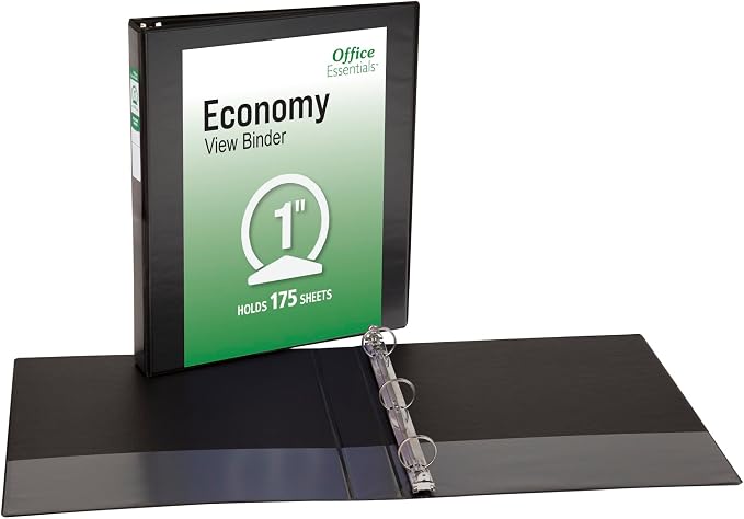 Office Essentials Economy View 3 Ring Binders, 1" Round Rings, 1.4" Spine, 175-Sheet Capacity, Black Binders (12-Pack of 03425)