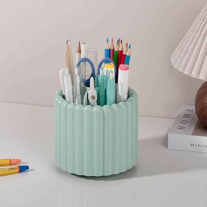 Rotating Makeup Brush Holder Organizer with Removable Dividers, Green | 7 Slots Make Up Brush Organizer 360 Spinning Cosmetic Storage Pen Holder for Desk, Vanity, Dresser