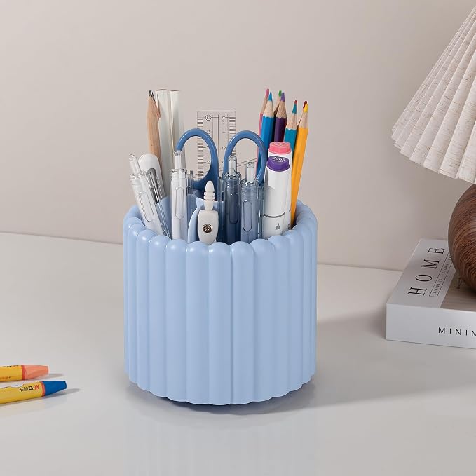 Rotating Makeup Brush Holder Organizer with Removable Dividers, Blue | 7 Slots Make Up Brush Organizer 360 Spinning Cosmetic Storage Pen Holder for Desk, Vanity, Dresser