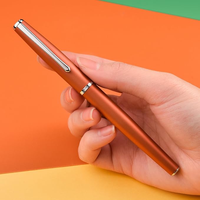 Hongdian 920 Orange Metal Fountain Pen, Steel Fine Point Classic Pen, Includes Refillable Converter and Pen Pouch