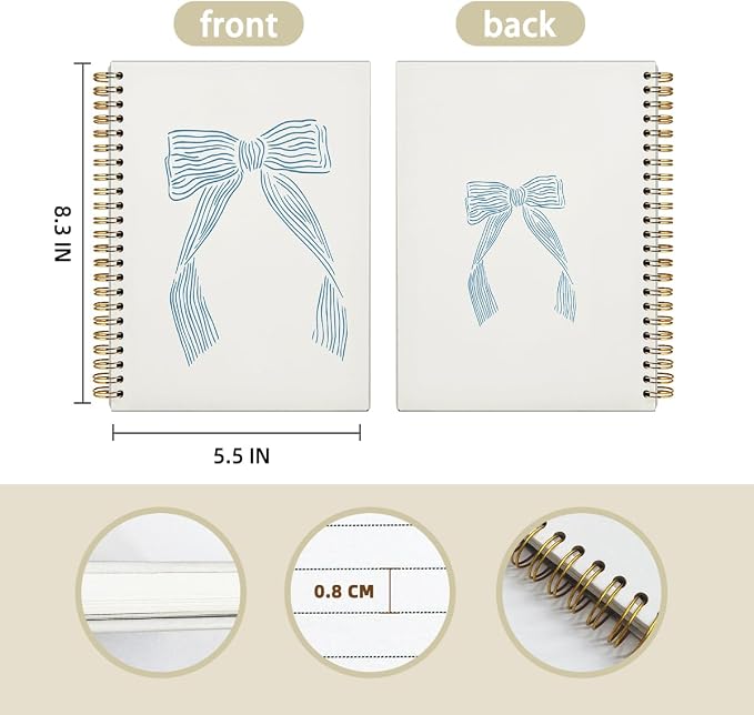 Cute Journal Blue Bow Notebook, Coquette School Supplies Spiral Notebook, Coastal Granddaughter Aesthetic Hardcover Spiral Notebook Journal for Work Notes Journaling, Coastal School Supplies 5.5x8.3