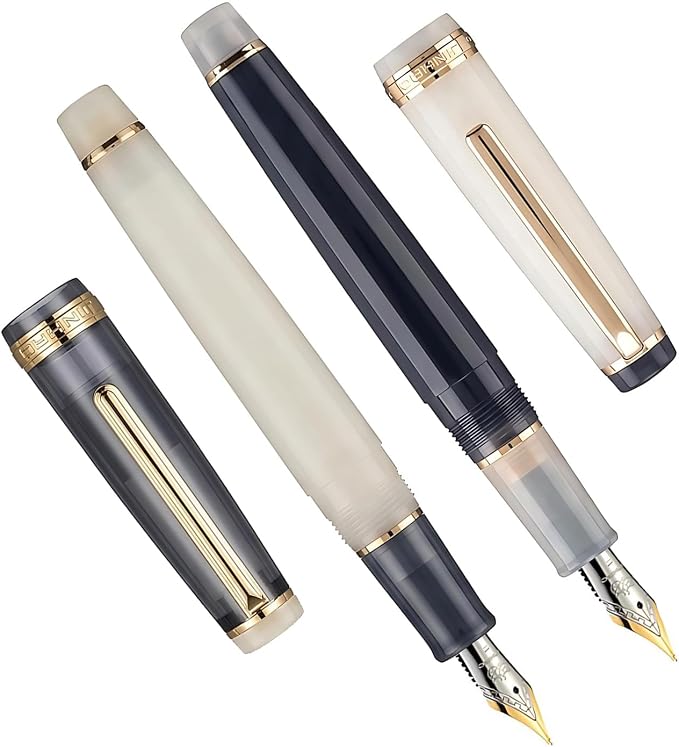 Jinhao 82 Clear Acrylic Fountain Pen 2-Pack, Fine Nib, Gray/Ivory White | Refillable Fountain Pens With Converter & Pouch. Sleek Clear Gray & Clear Ivory White design