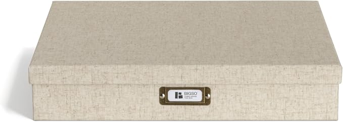 BIGSO SVERKER A3 Document Box - Storage Box with Lid and Handle - Desk Tray for Documents, Sketches & Documents - Archive Box Made of Recycled Fibreboard and Paper - Linen