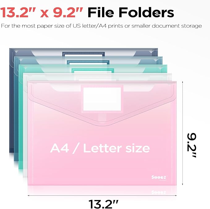 Sooez 20 Pack Plastic Envelopes, Plastic File Folders, Clear Folders | Trendy Colors, Super Heavyweight Document Holders, Storage Pouches, File Envelopes for School Office Supplies
