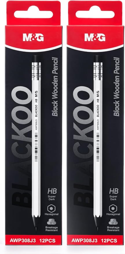 M&G BLACKOO Series HB Wood-Cased Pencils, 24-Pack Pre-Sharpened with Top Erasers, Bulk Black Pencils for School, Teachers, Writing, Drawing and Sketching (White)
