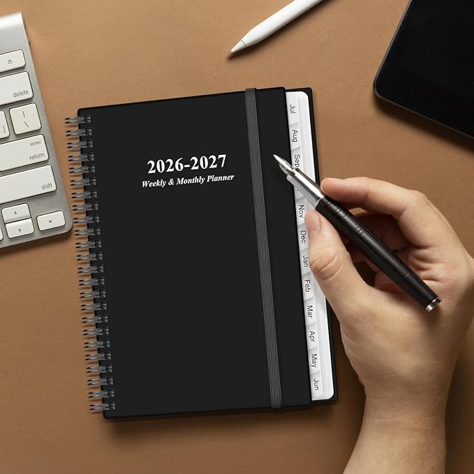 Planner 2026-2027 - A5 Weekly & Monthly Planner Spiral Bound, July 2026 - June 2027, with Flexible Cover, Tabs, Inner Pocket, 6.4" x 8.5", Black