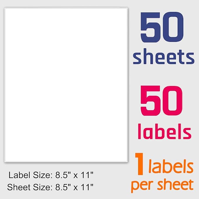 Printable White Sticker Labels, 50 Sheets 8.5" x 11" Full Sheet Label Stickers Paper for Laser & Inkjet Printer - Matte, 50 Labels | Printable White Sticker Labels - Matte, 50 Sheets 50 Labels