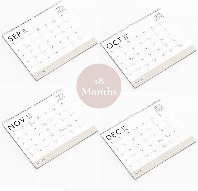 Horizontal Wall Calendar 2026-2027, 18 Months Hanging Calendar (January 2026 - June 2027) Modern White Design with Beige Notes Section 11x13.5 Inches