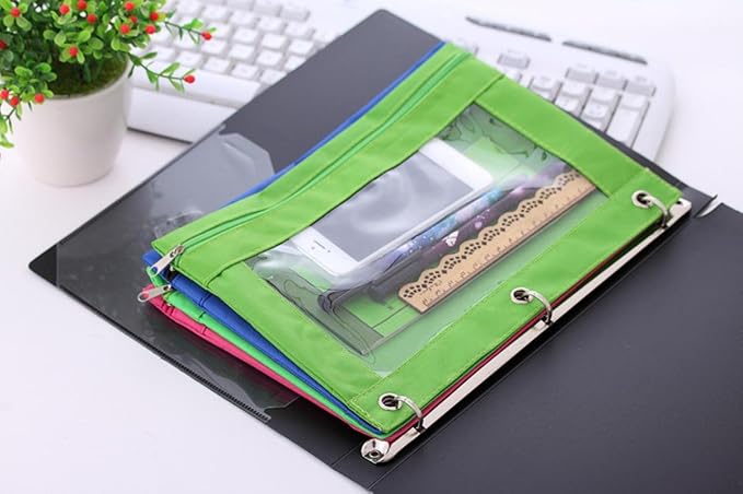 3-Ring Pen Pencil Pouch with Clear Window Stationery Bag Binder Case Classroom Organizers Green