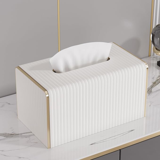 Extra Large Tissue Box Cover for Standard Size 180 to 230 Count Box of Tissues, PU Leather Rectangle Tissue Holder with Magnetic Closure, Gold-Tone Edging Decoration (Ivory)