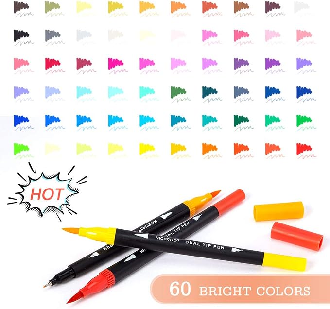 Nicecho 60 Colors Markers for Adult Coloring Books, Dual Brush Art Marker Pens - Fineliner & Brush Pen for Journaling, Calligraphy, Drawing, Sketching