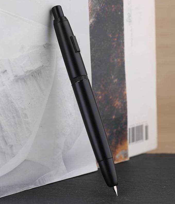 erofa Majohn A1 Press Fountain Pen with Box, Retractable Extra Fine Nib Metal Matte Black Ink Pen with Converter for Writing (No Clip Version)